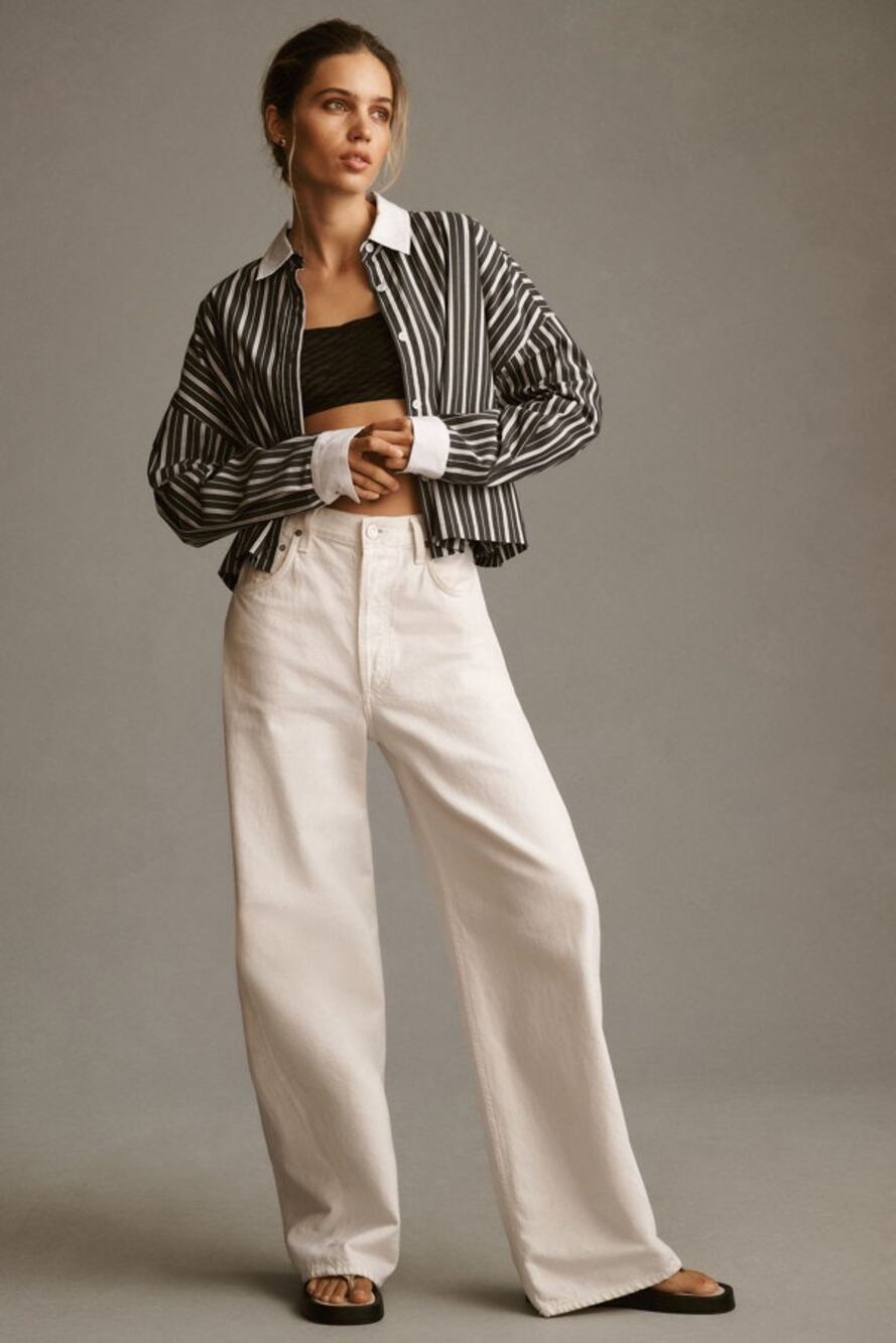 Moon River Boxy Button Up Shirt small crop length adjustable waist long sleeve